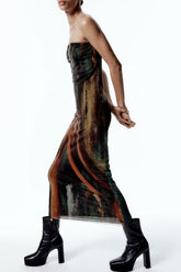 Robe longue d'été sans bretelles en maille à imprimé abstrait style vintage - Marron